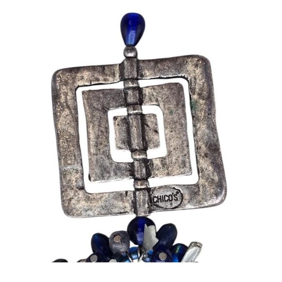Chico’s Blue Beaded Statement Necklace Silver Tone Square Pendant - Picture 6 of 8